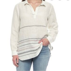 Tahari 1x White long sleeve roll tab neck striped linen coastal beachy tunic top